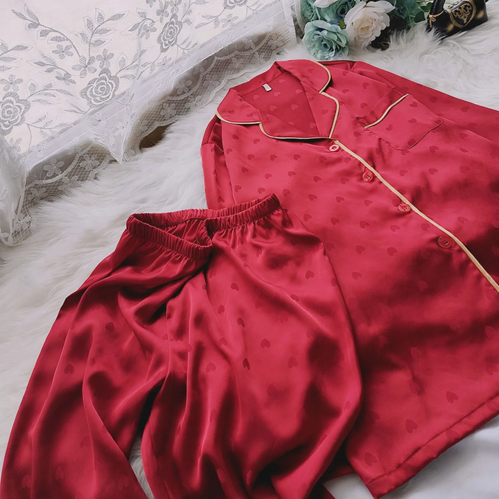 Ice Silk Pajama Set for Couples, Heart Design