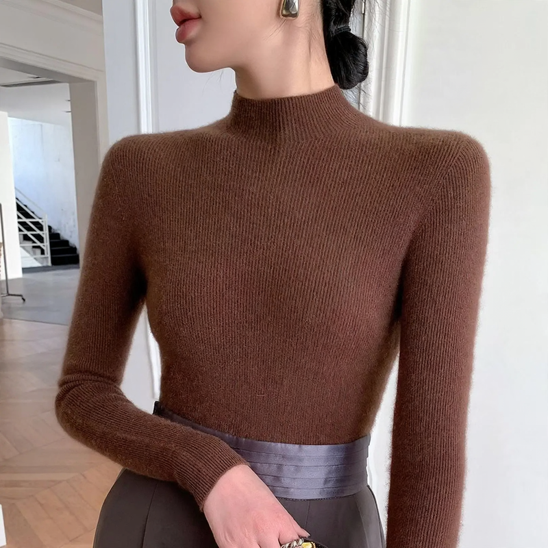 Women's Wool Knit Sweater, Stand-Up Collar, Slim Fit