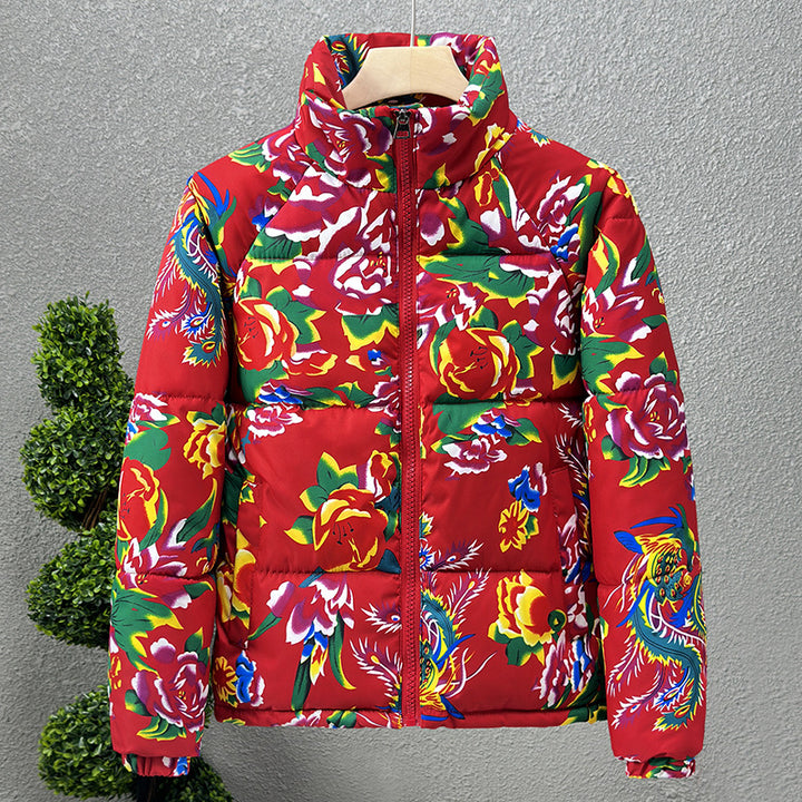 Padded winter jacket with floral pattern, unisex