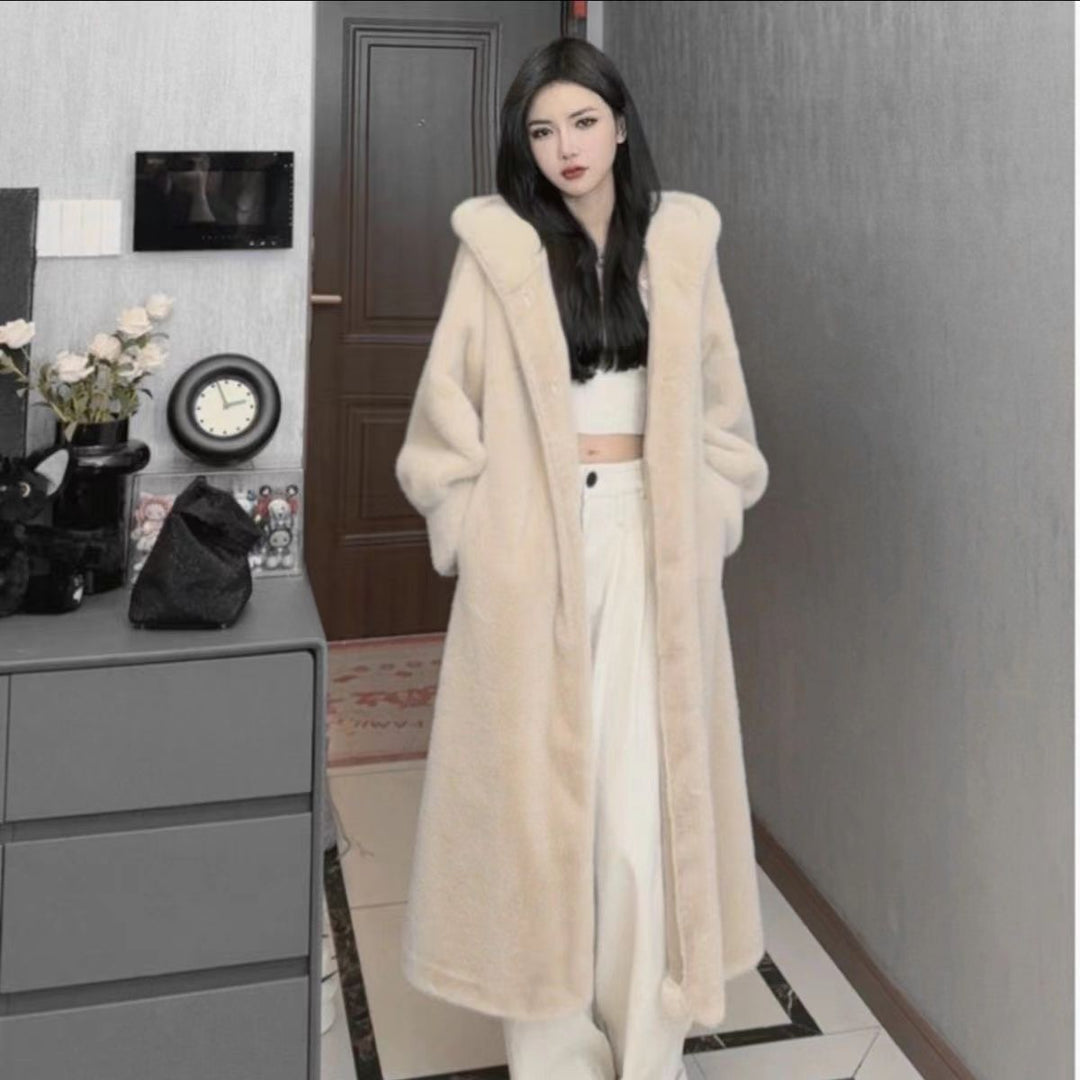 Mid-length coat in mink fur look with hood