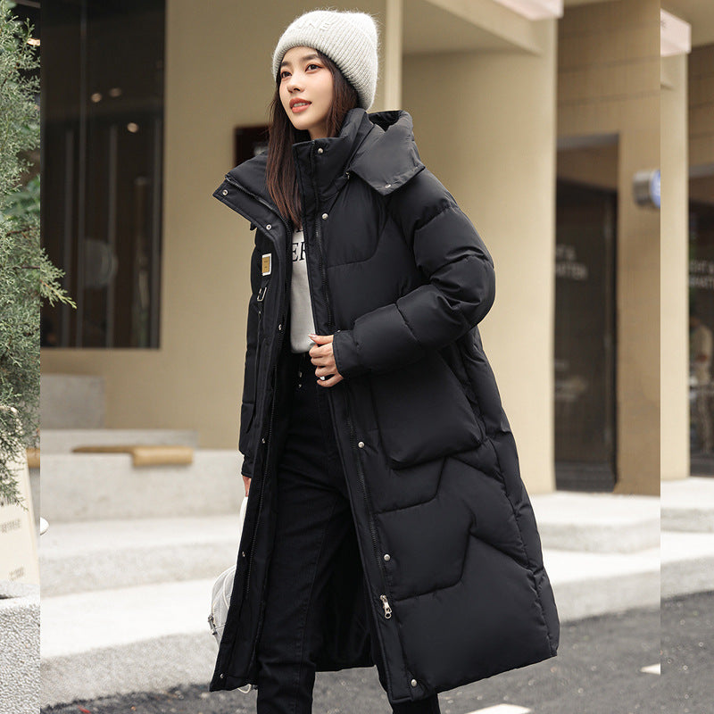 Padded women's winter coat, knee-length, with removable hood