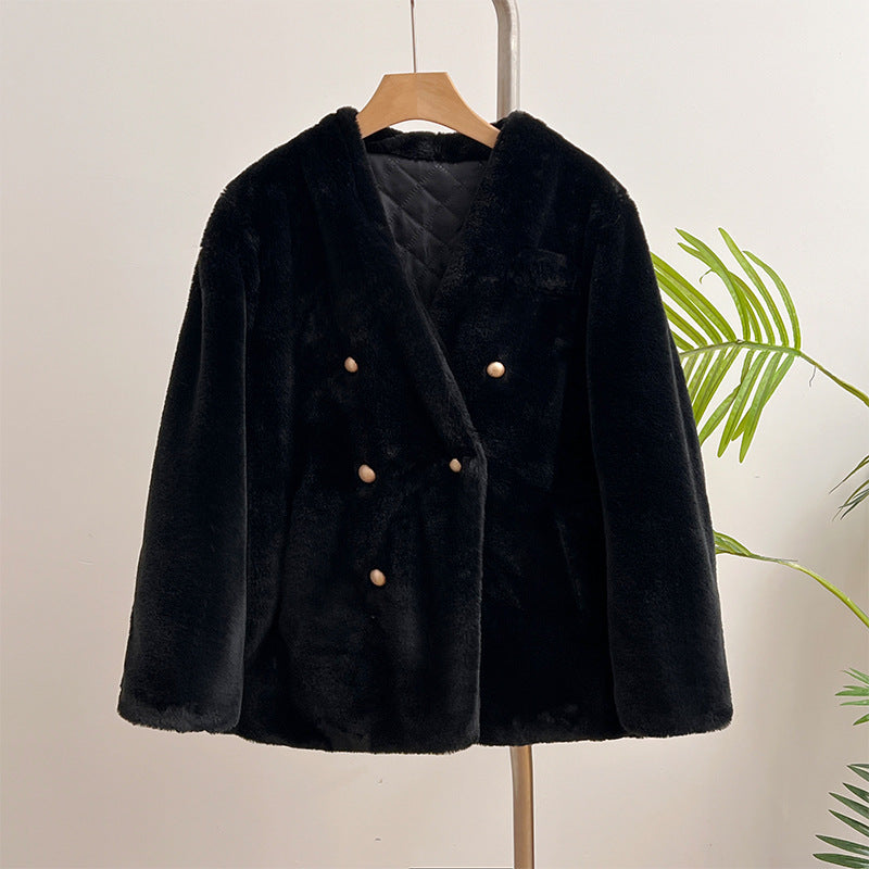 Women's plush jacket with V-neck, warm and windproof