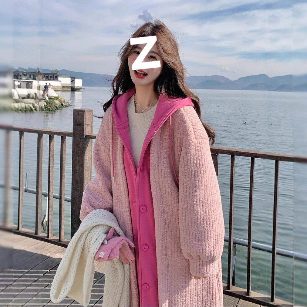Long women's hooded jacket in layered look with lambskin appearance
