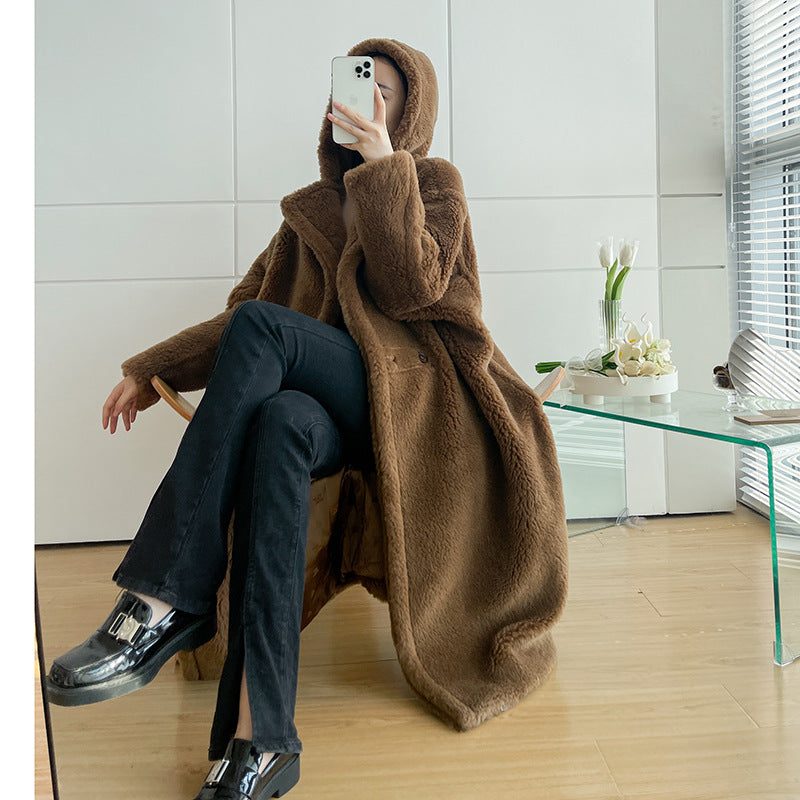 Teddy coat with hood, mid-length, women's
