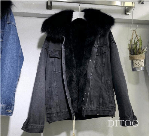 Padded denim jacket with large fur collar