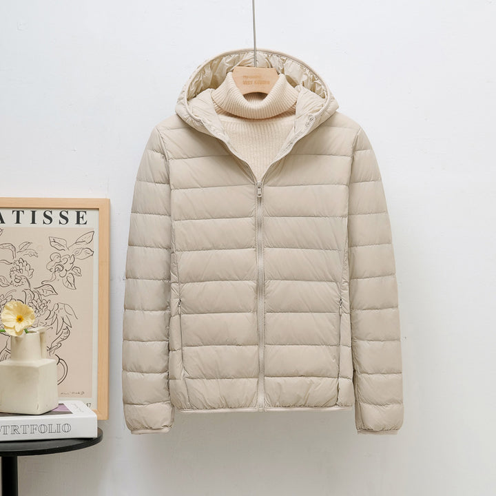 Light women's down jacket, hood, short fit