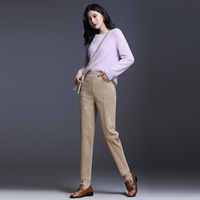 Women's corduroy pants, shortened, high waistband