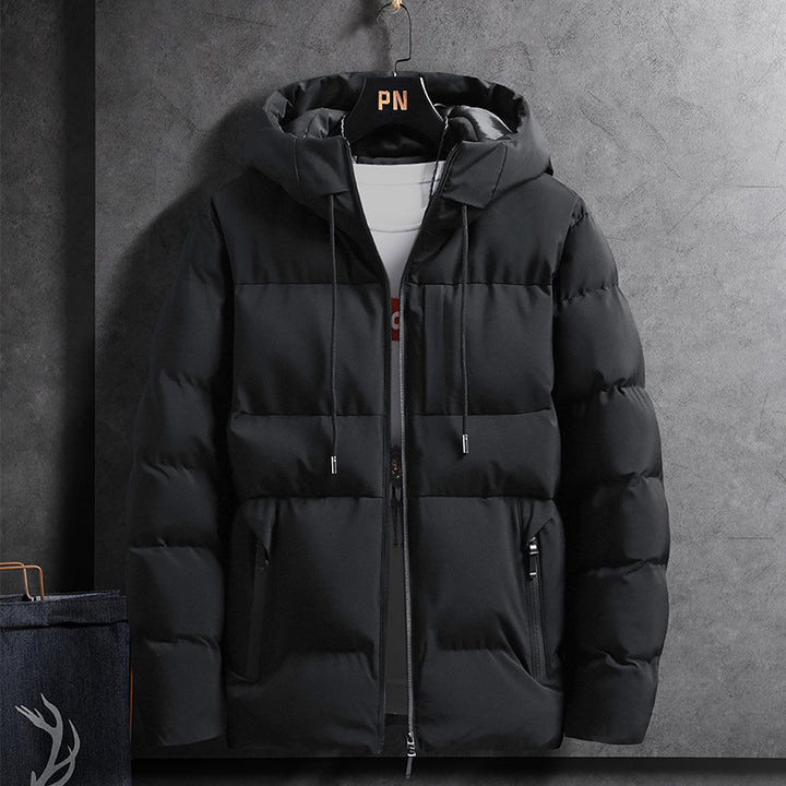 Padded men's winter jacket with hood, solid color