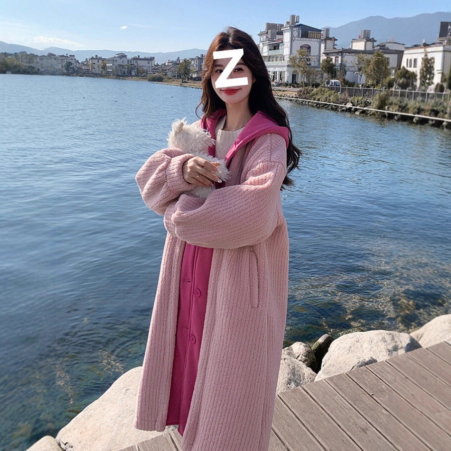 Long women's hooded jacket in layered look with lambskin appearance