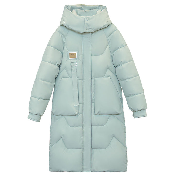 Padded women's winter coat, knee-length, with removable hood