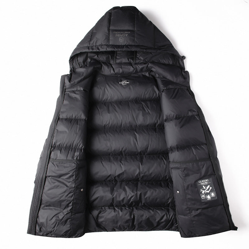 Warm men's down jacket with hood