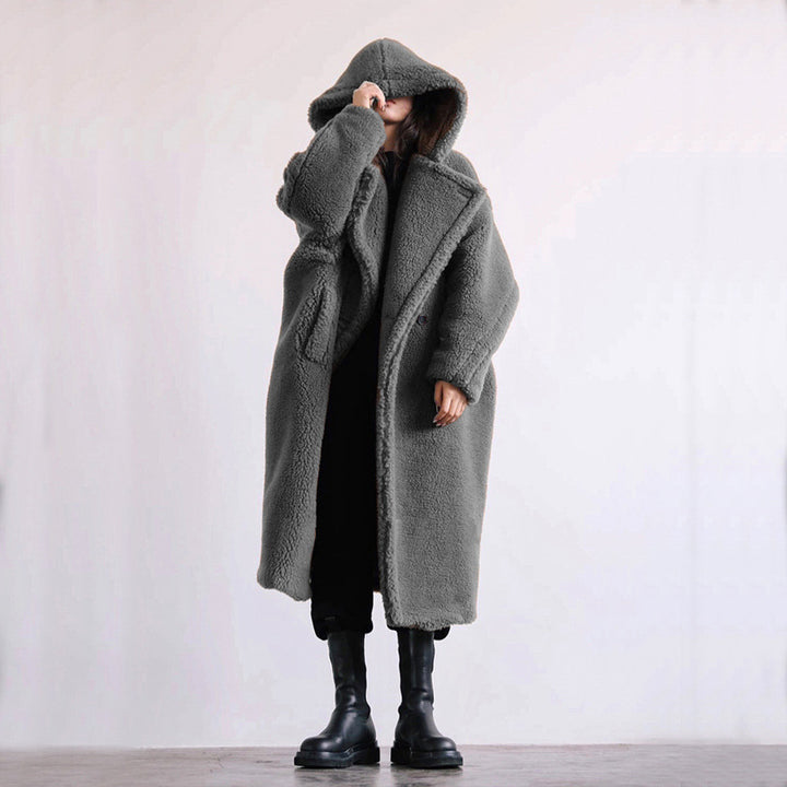 Women’s faux fur coat, mid-length, with hood and lambskin look