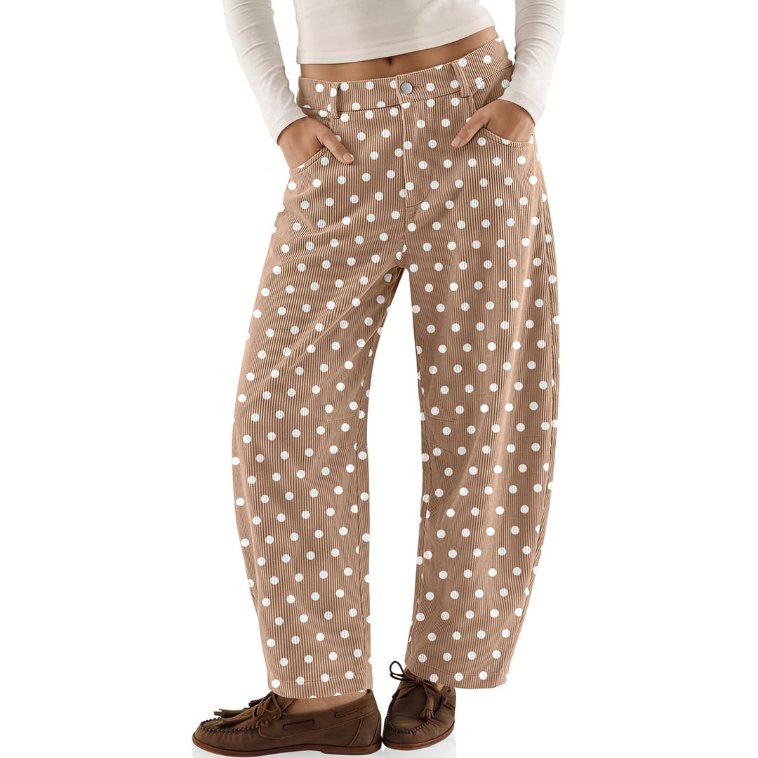 Cord pants with elastic waistband and polka dot pattern
