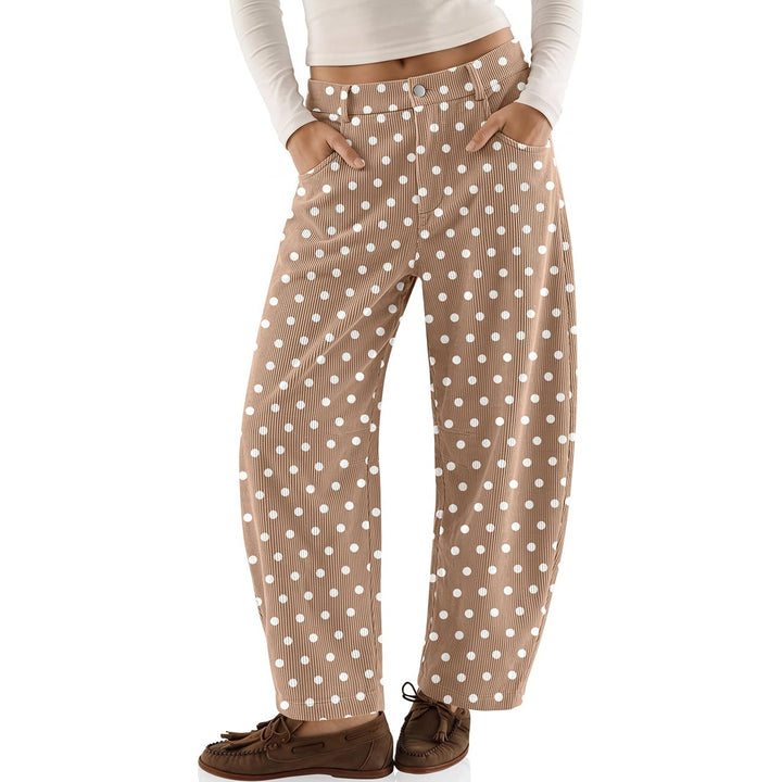 Cord pants with elastic waistband and polka dot pattern