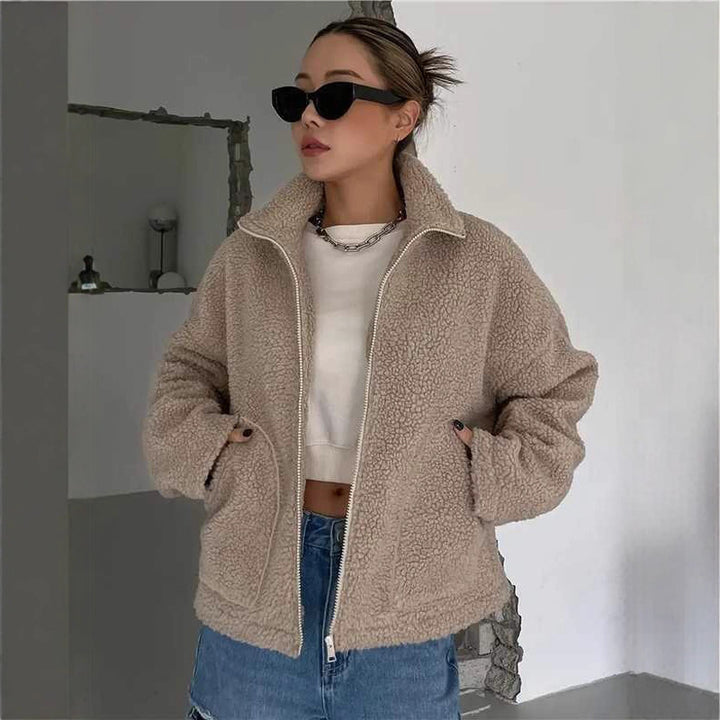 Women's fleece jacket with stand-up collar and zipper