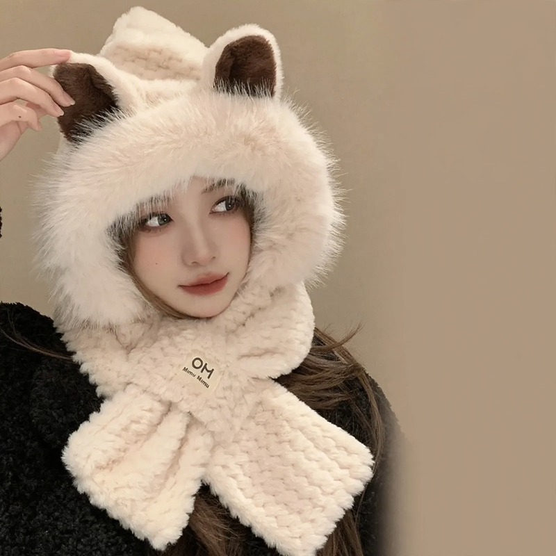 Plush set with hat, scarf, and gloves, ladies, winter