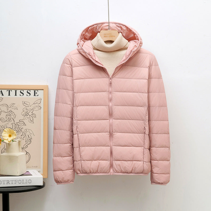 Light women's down jacket, hood, short fit