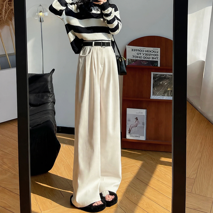 Cord wide pants for women, high-waisted