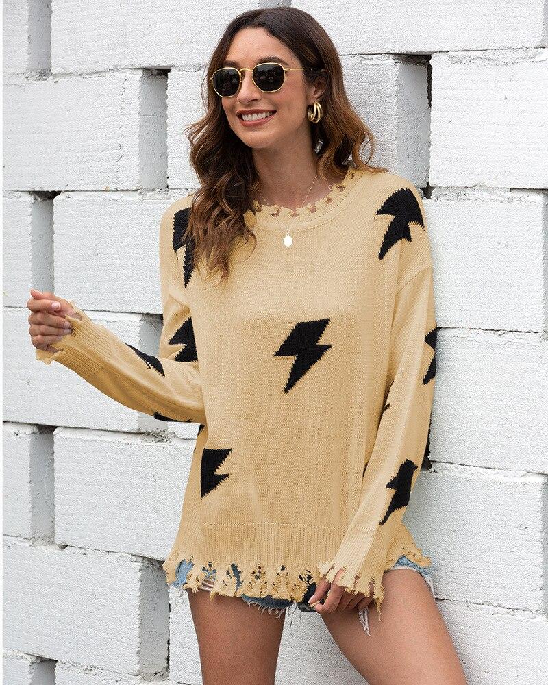 Lune London | Knit Sweater - Loose Fit - Lightning Pattern & Fringe Hem