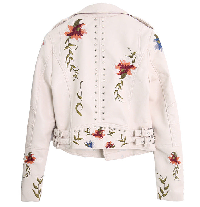 Ladies elegant biker jacket with floral embroidery and studs Amarae