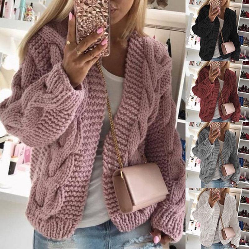 Knit jacket for women with trendy design in chunky knit with deep V neckline Lune London