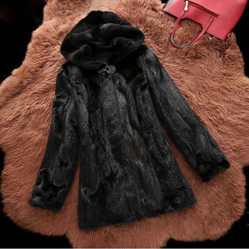 Women's faux fur coat with stylish hood and classic cut Amarae