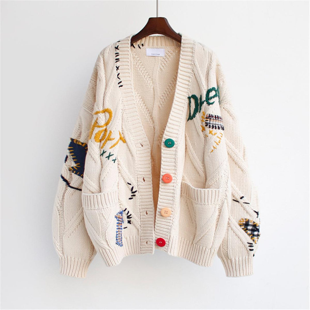 Casual knitted jacket for women with colorful appliqués and generous pockets Lune London