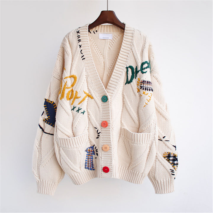 Casual knitted jacket for women with colorful appliqués and generous pockets Lune London