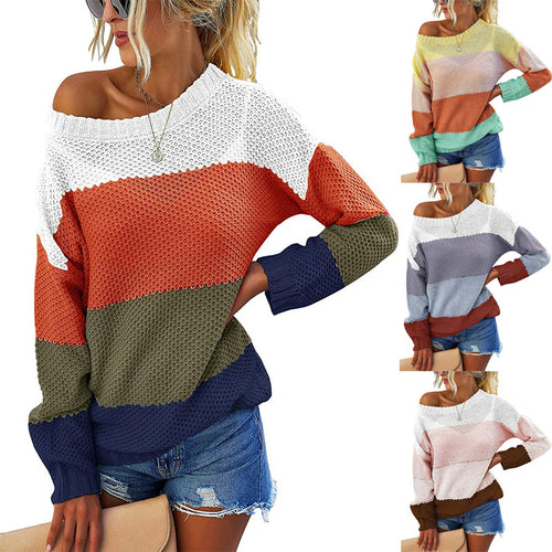 Classic striped sweater for women with a wide neckline and textured fabric Amarae