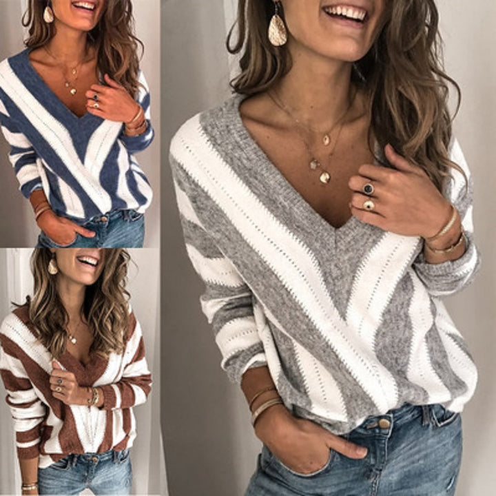 Casual V-neck sweater for women with modern stripes Lune London