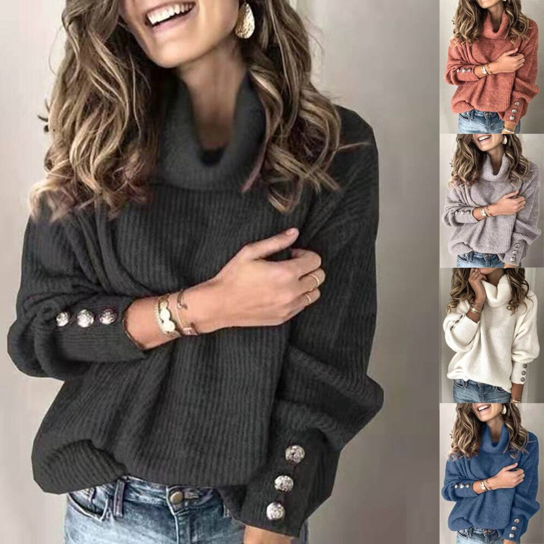 Chunky knit sweater for women with high collar and decorative button details Lune London