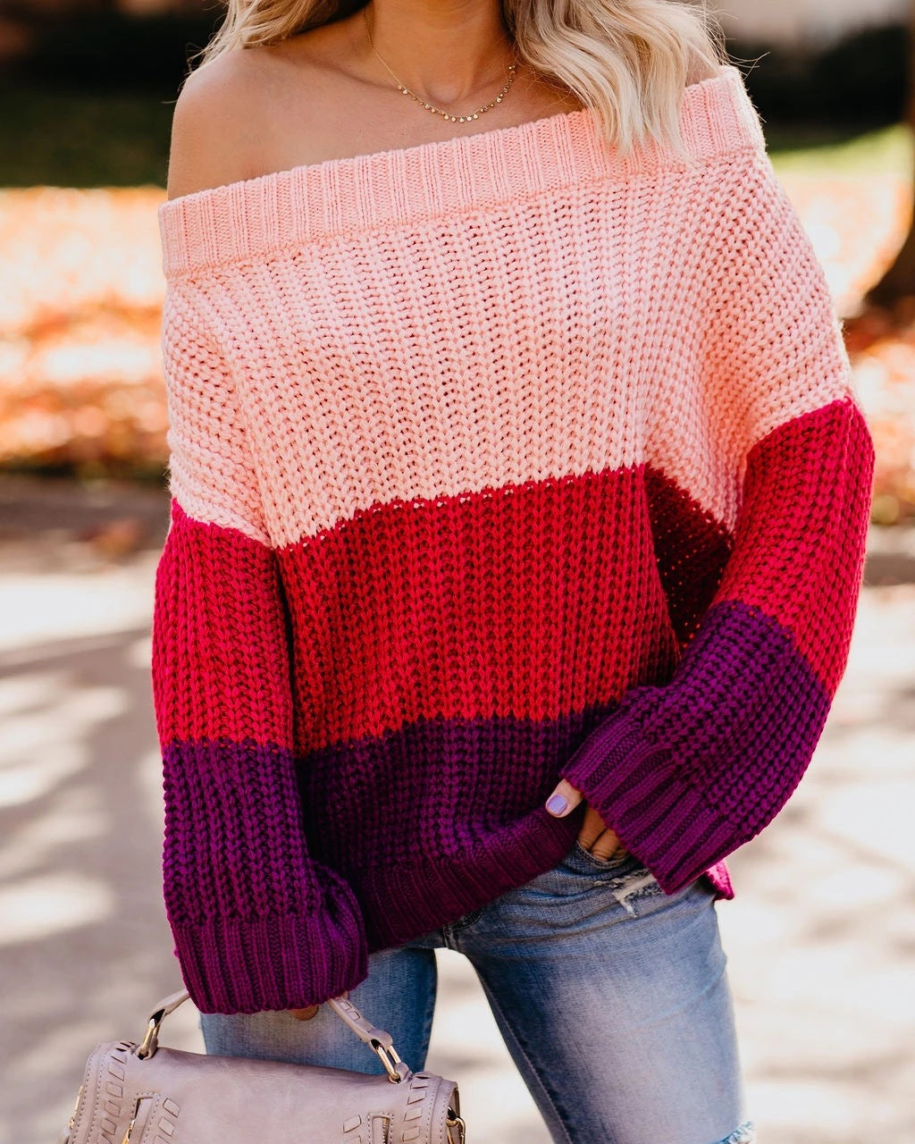 Casual chunky knit sweater for women with off-shoulder design and decorative color combination Lune London