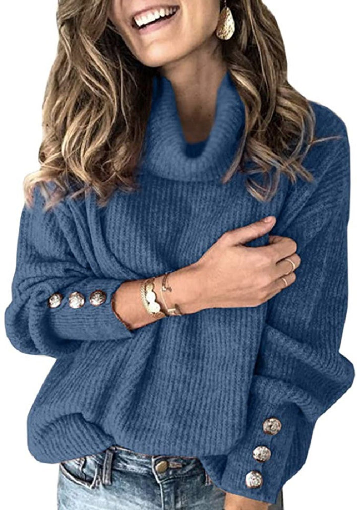 Chunky knit sweater for women with high collar and decorative button details Lune London