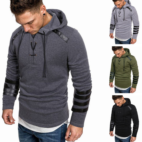 Men's Hoodie with leather applications and stylish high collar Amarae