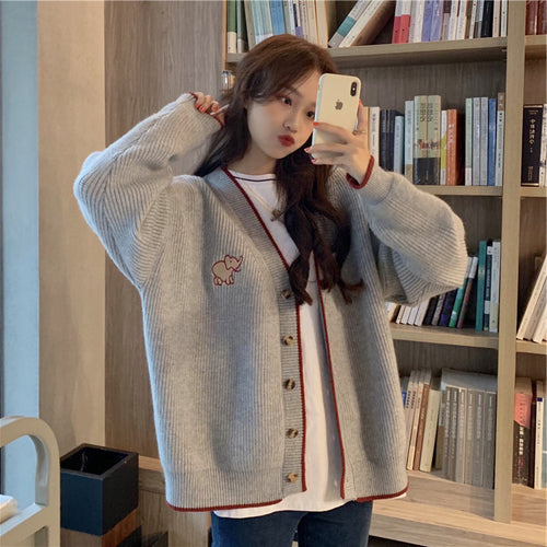 Ladies Chunky Knit Cardigan with French Buttons and Elegant Animal Application Amarae