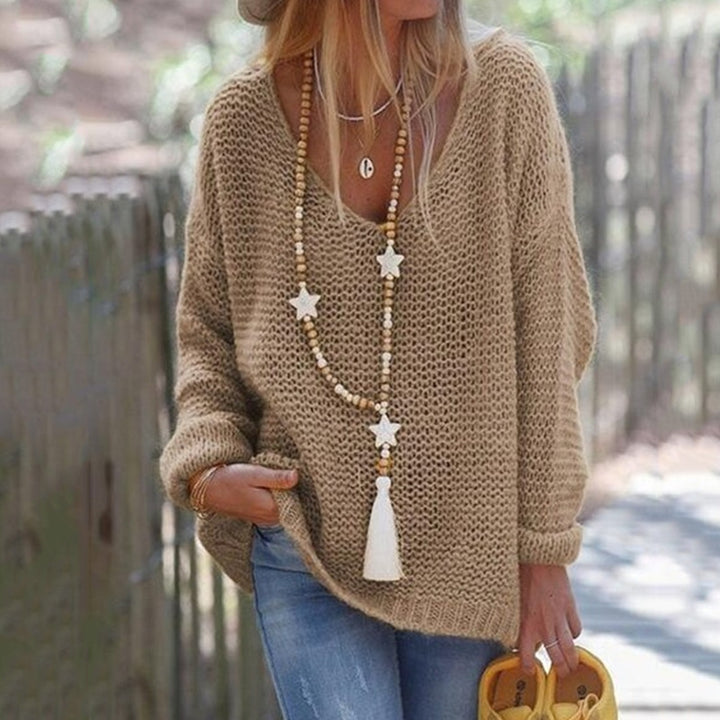 Women Thick Knit Sweater with Wide V Neck and Relaxed Fit Lune London