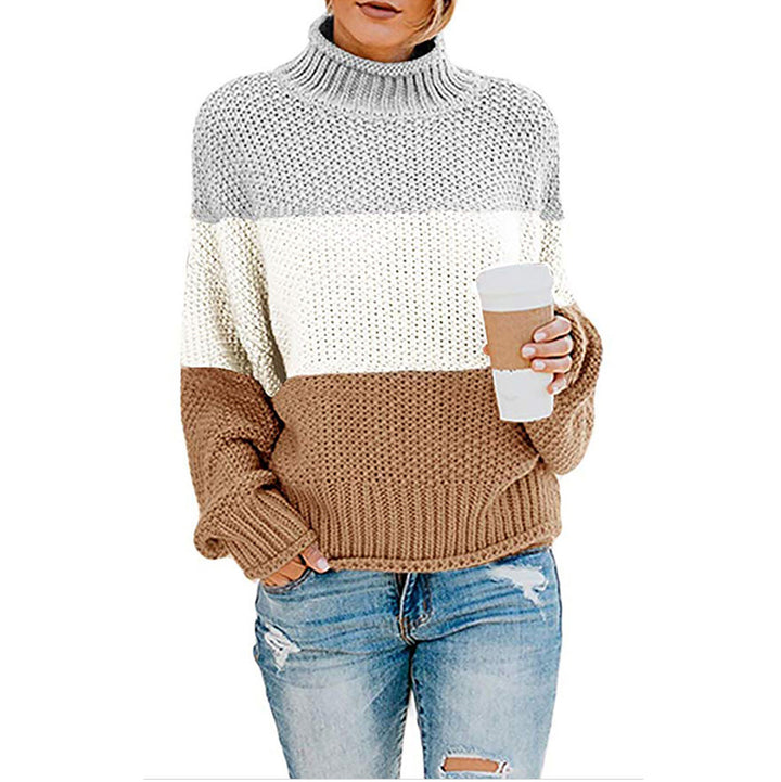 Trendy chic and style women's knitted sweater with high collar and color block design