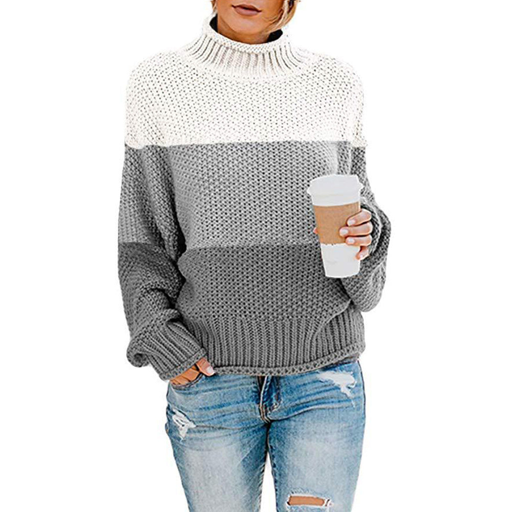 Trendy chic and style women's knitted sweater with high collar and color block design