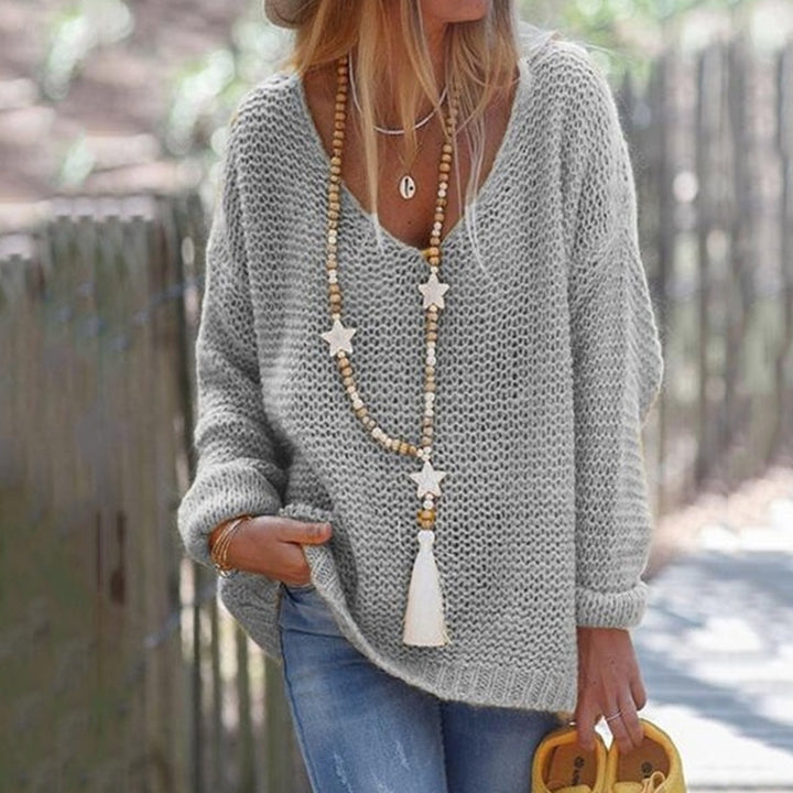 Women Thick Knit Sweater with Wide V Neck and Relaxed Fit Lune London