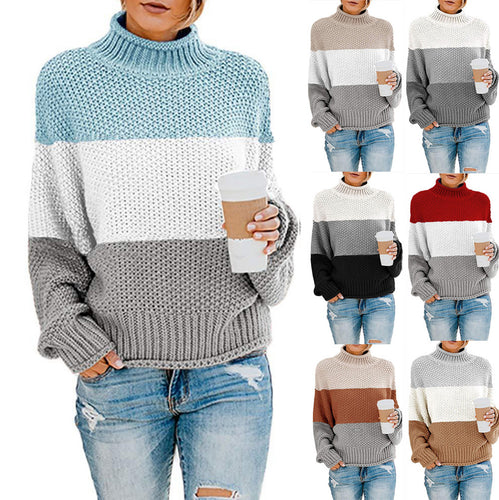 Trendy chic and style women's knitted sweater with high collar and color block design