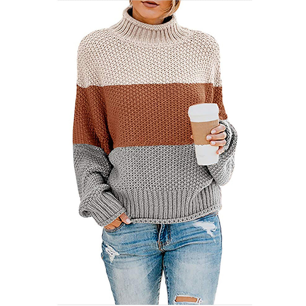 Trendy chic and style women's knitted sweater with high collar and color block design