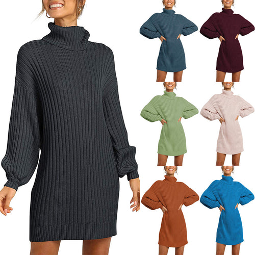 Chunky knit dress for women with high collar and dropped shoulders Amarae