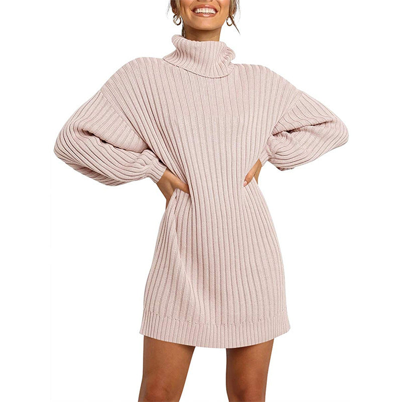 Chunky knit dress for women with high collar and dropped shoulders Lune London