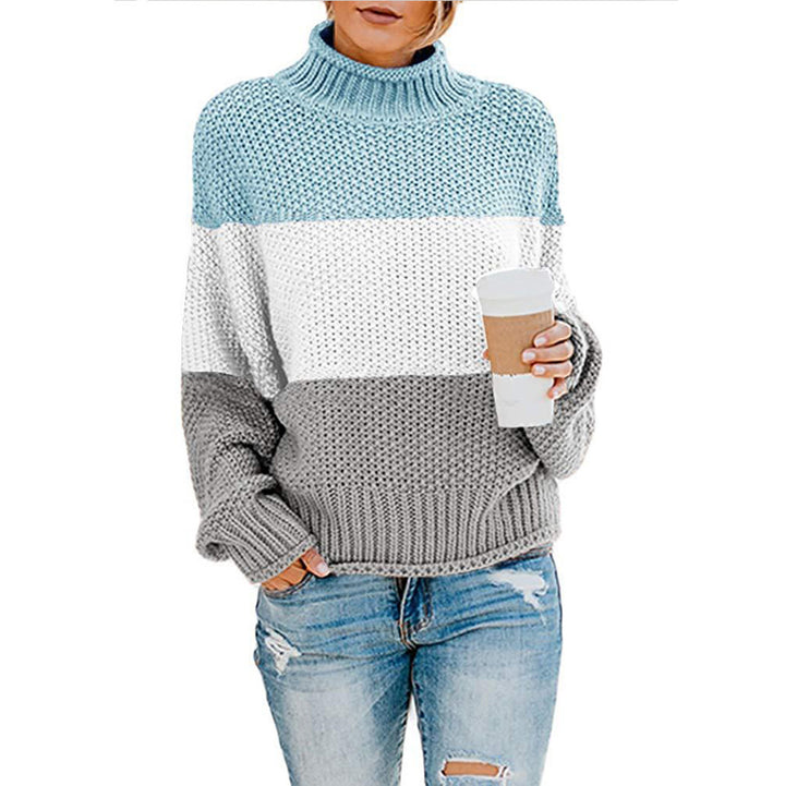 Trendy chic and style women's knitted sweater with high collar and color block design