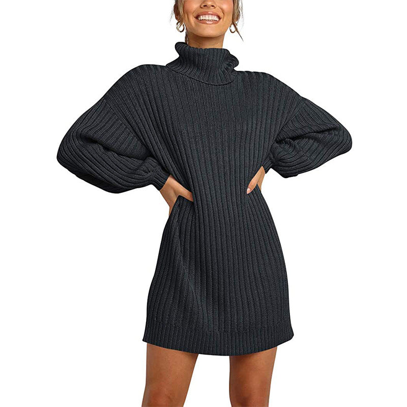 Chunky knit dress for women with high collar and dropped shoulders Lune London