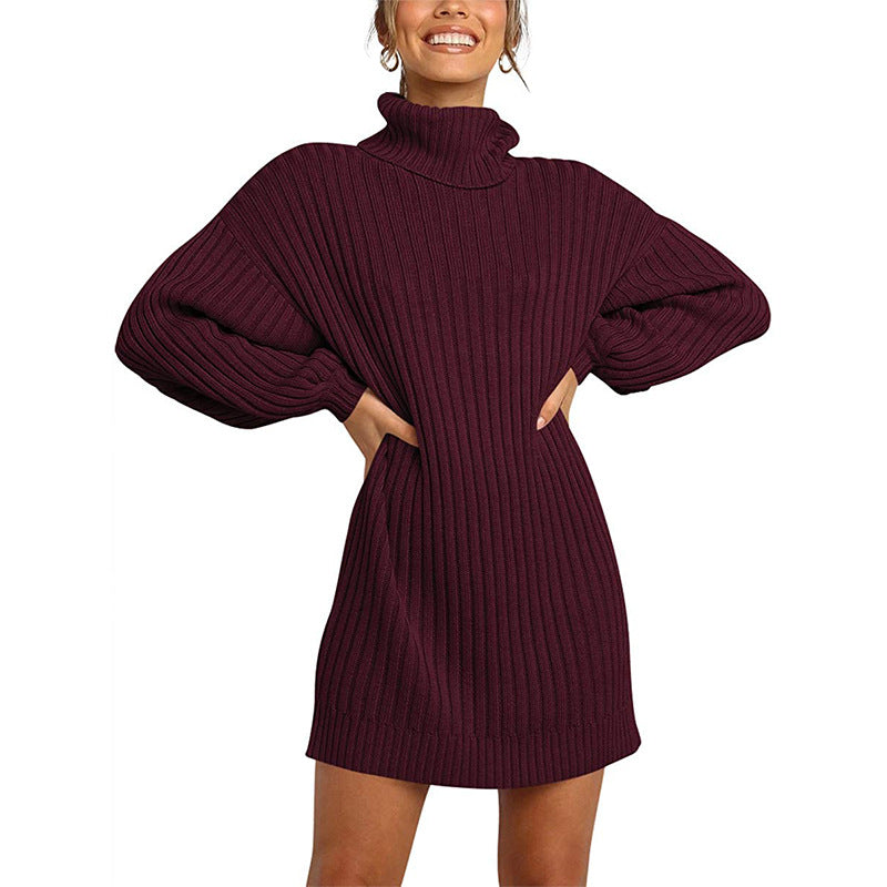 Chunky knit dress for women with high collar and dropped shoulders Lune London