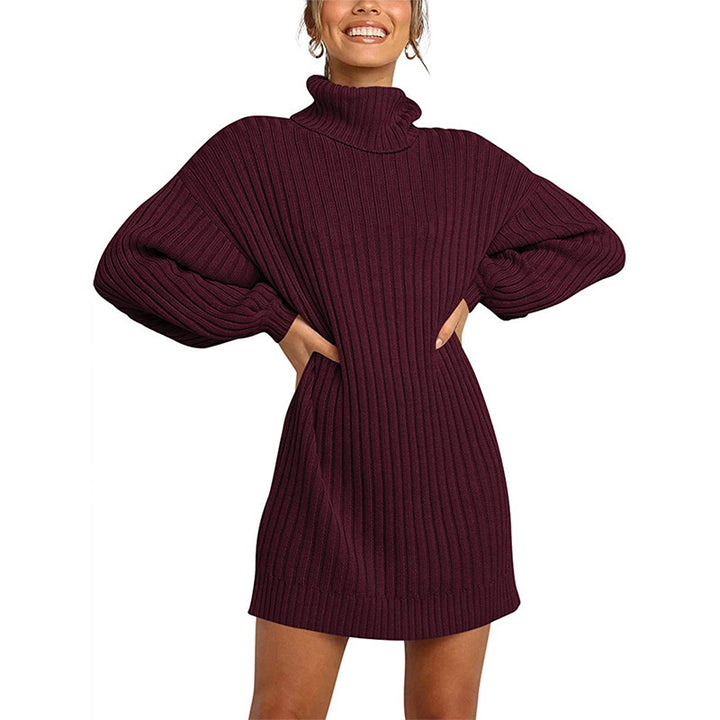 Chunky knit dress for women with high collar and dropped shoulders Lune London