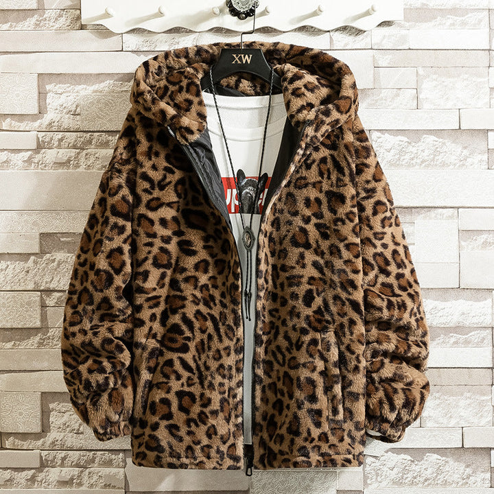 Women Cuddly Fleece Jacket with Leopard Pattern and Hood Lune London