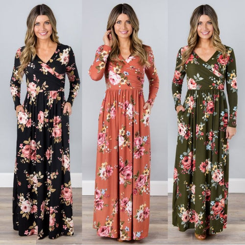 Robe maxi pour femmes avec design floral enroulé et manches longues Chic & Stil