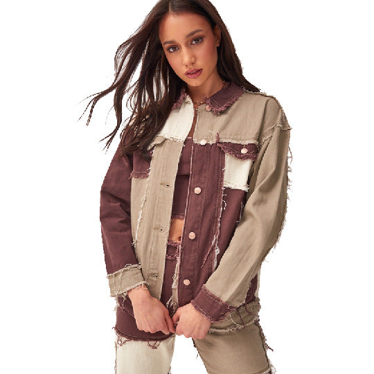Fashionable women’s patchwork denim jacket with frayed details Lune London